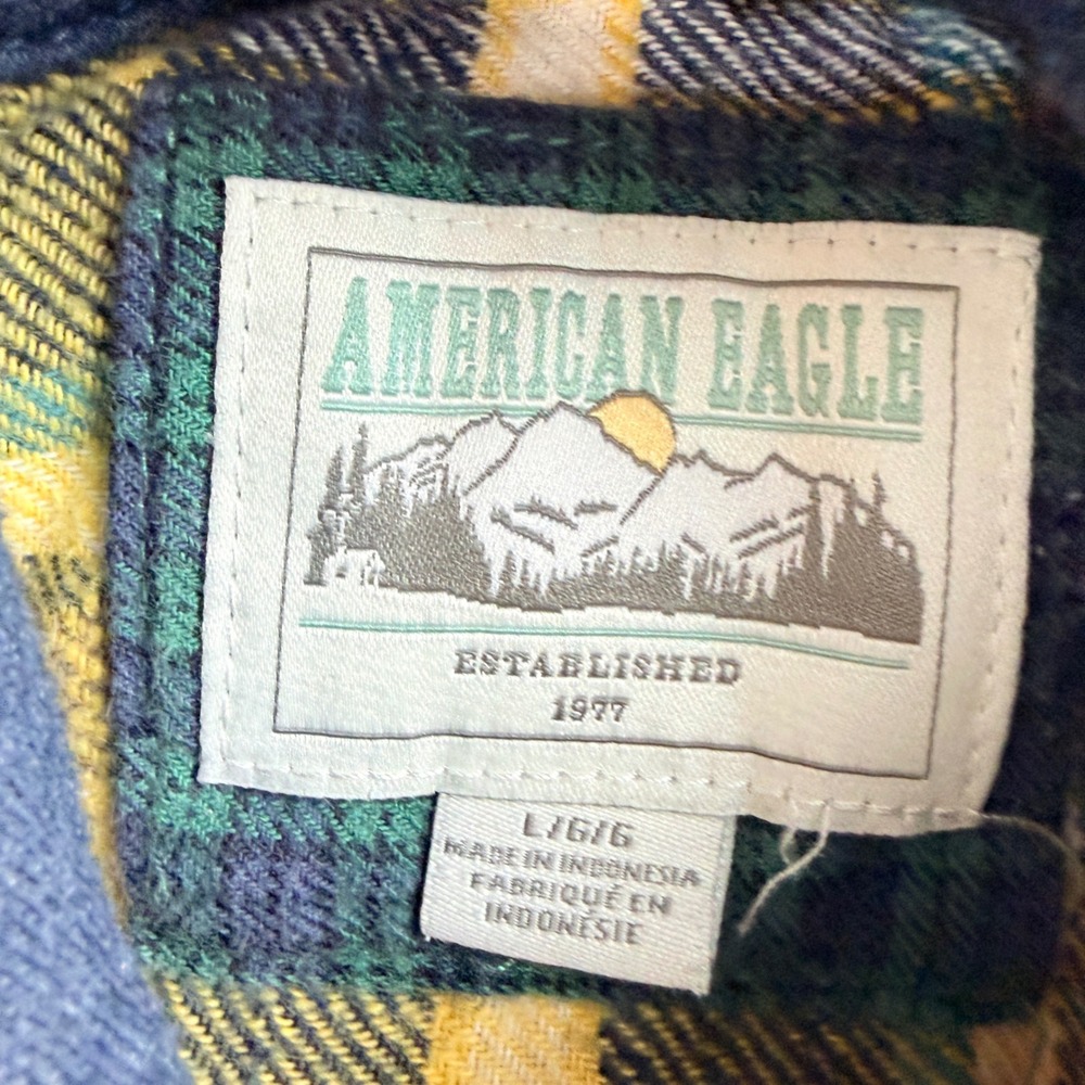 American Eagle Outfitters Women's Large Yellow Blue Plaid‎ Hooded Flannel Shirt - Picture 4 of 6